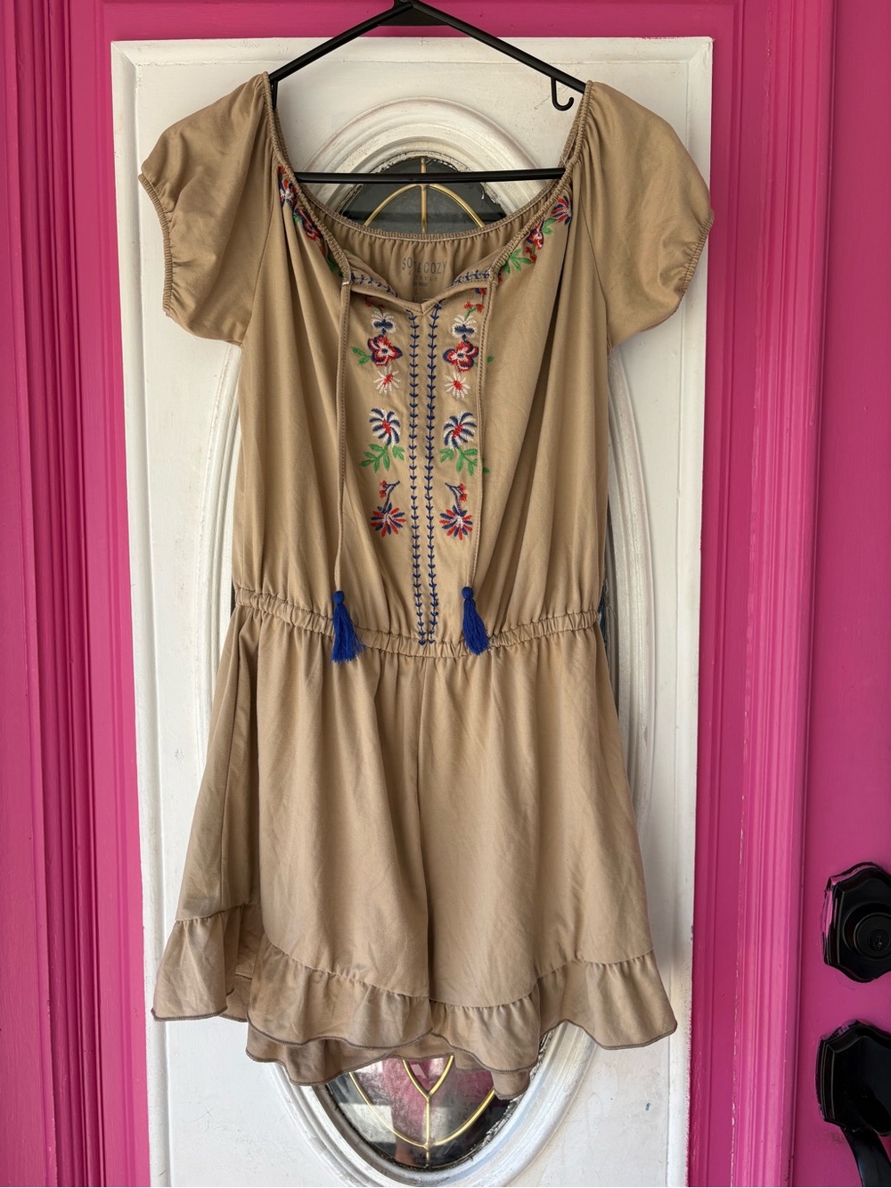 Poof! Tan Embroidered Women’s Shorts Romper